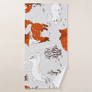Winter Foxes Bunny Seamless Pattern Bath Towel