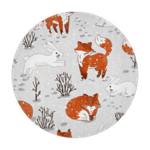 Winter Foxes Bunny Seamless Pattern Cutting Board