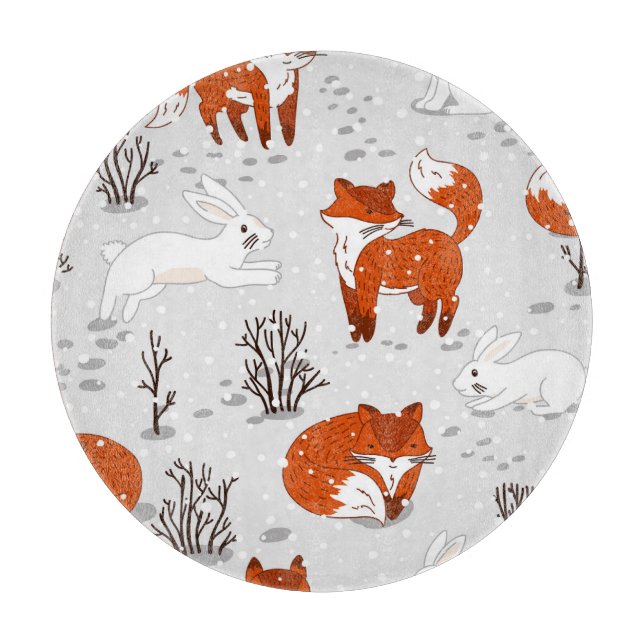 Winter Foxes Bunny Seamless Pattern Cutting Board (Front)
