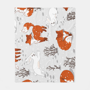 Winter Foxes Bunny Seamless Pattern Fleece Blanket