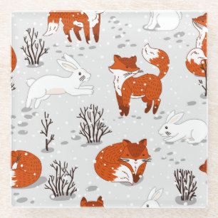 Winter Foxes Bunny Seamless Pattern Glass Coaster