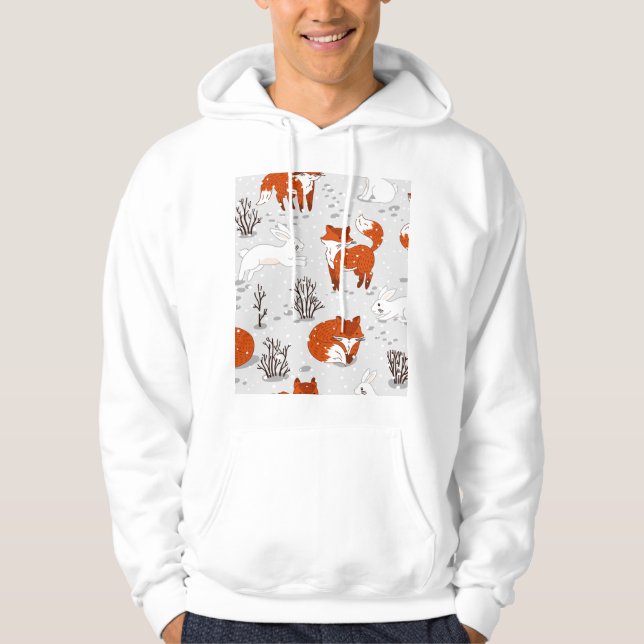Winter Foxes Bunny Seamless Pattern Hoodie (Front)