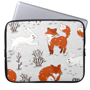 Winter Foxes Bunny Seamless Pattern Laptop Sleeve