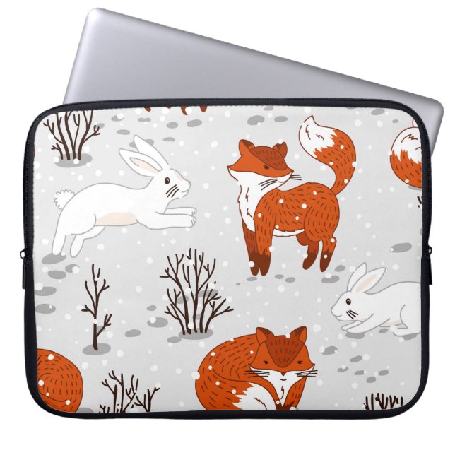 Winter Foxes Bunny Seamless Pattern Laptop Sleeve (Front)