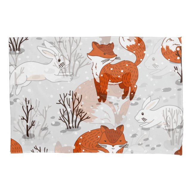 Winter Foxes Bunny Seamless Pattern Pillowcase (Front)