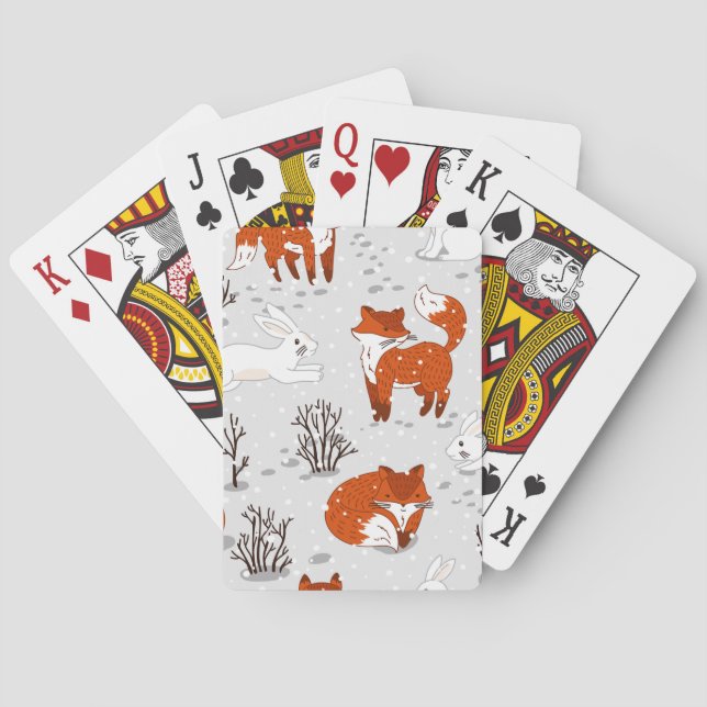 Winter Foxes Bunny Seamless Pattern Playing Cards (Back)
