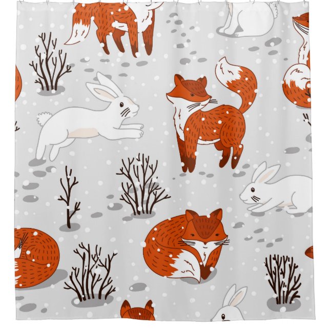 Winter Foxes Bunny Seamless Pattern Shower Curtain (Front)
