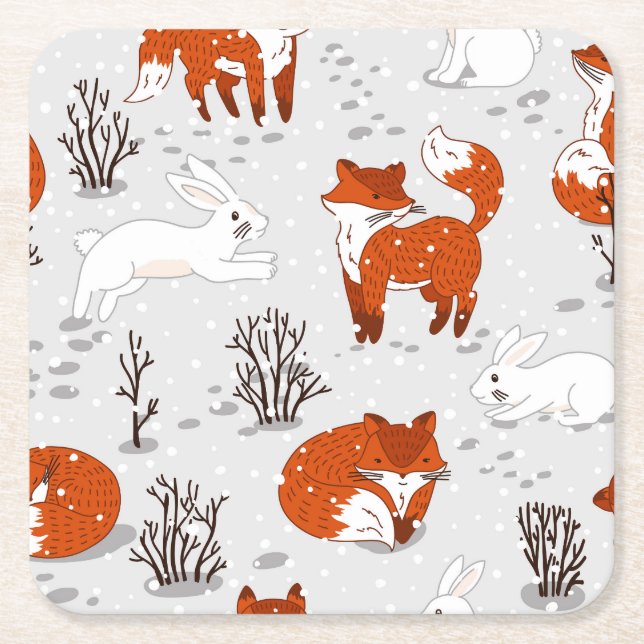Winter Foxes Bunny Seamless Pattern Square Paper Coaster (Front)