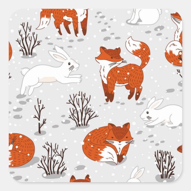 Winter Foxes Bunny Seamless Pattern Square Sticker (Front)