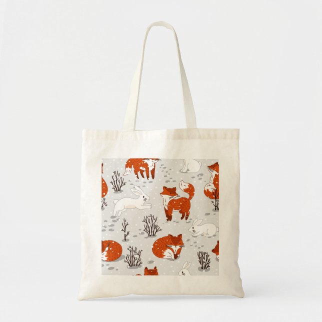 Winter Foxes Bunny Seamless Pattern Tote Bag (Front)