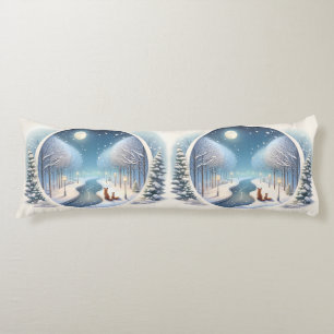 Winter Foxes by Moonlit Snowy River Body Cushion