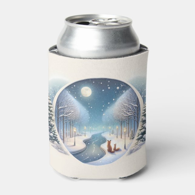 Winter Foxes by Moonlit Snowy River Can Cooler (Can Front)