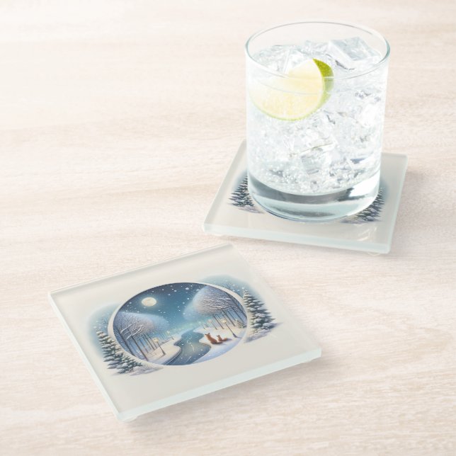 Winter Foxes by Moonlit Snowy River Glass Coaster (Angled)