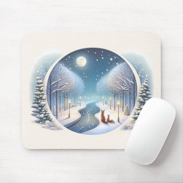 Winter Foxes by Moonlit Snowy River Mouse Mat (With Mouse)