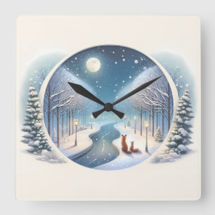 Winter Foxes by Moonlit Snowy River Square Wall Clock
