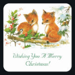 Winter Foxes Christmas Square Sticker<br><div class="desc">Adorable vintage winter scene of two little foxes visiting with a little bird,  sending wishes for a Merry Christmas adorns this sticker. Use this for that special mailing,  decorating and holiday crafting!</div>