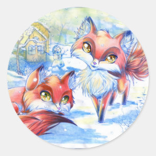 Winter Foxes Classic Round Sticker