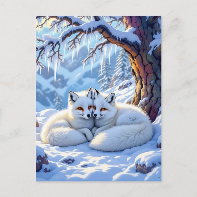 Winter Foxes on a Snowy Winter Day | Happy Holiday Postcard (Front)