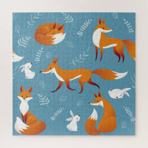 Winter foxes, rabbits, vintage pattern. jigsaw puzzle