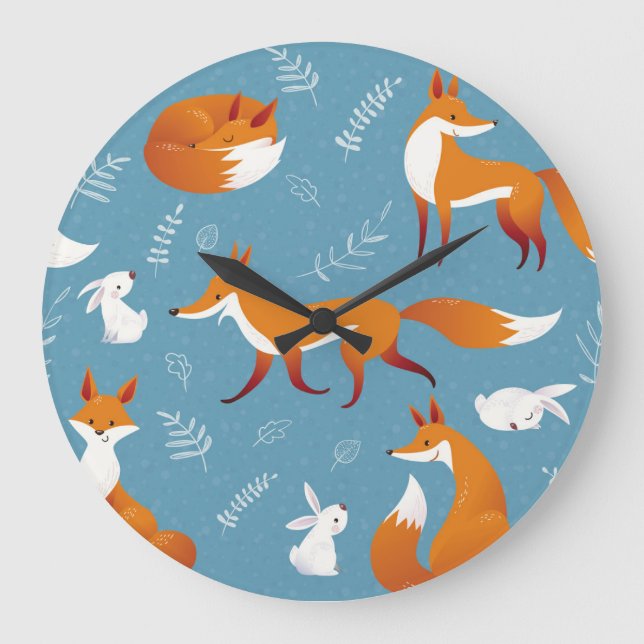 Winter foxes, rabbits, vintage pattern. large clock (Front)