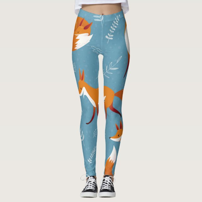 Winter foxes, rabbits, vintage pattern. leggings (Front)