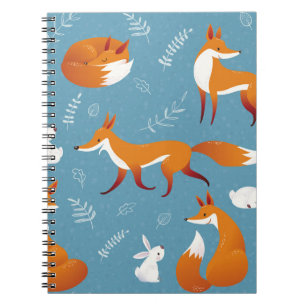 Winter foxes, rabbits, vintage pattern. notebook