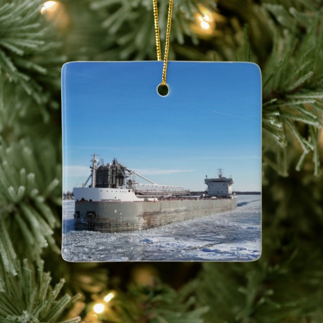 Winter Freighter Manitoulin Great Lakes Address Ceramic Ornament (Tree)