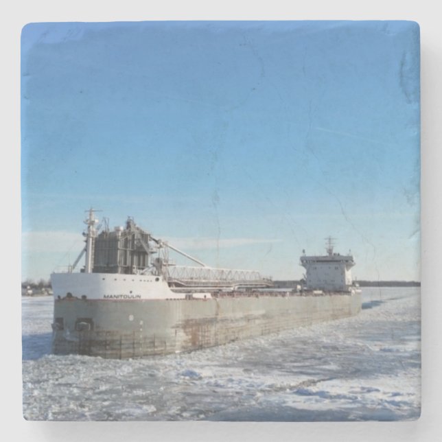 Winter Freighter Manitoulin Great Lakes Address Stone Coaster (Front)