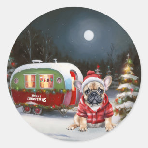 Winter French Bulldog Caravan Christmas Adventure  Classic Round Sticker