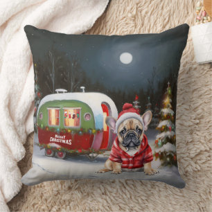 Winter French Bulldog Caravan Christmas Adventure Cushion
