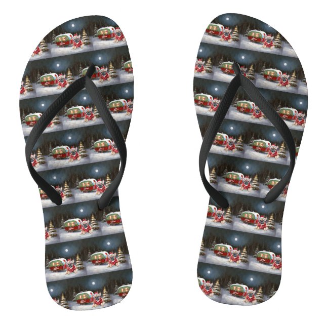 Winter French Bulldog Caravan Christmas Adventure  Flip Flops (Footbed)