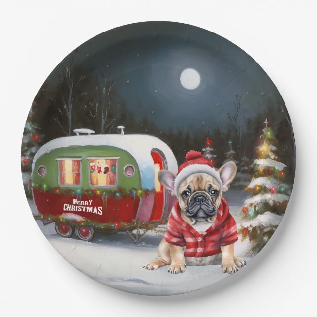 Winter French Bulldog Caravan Christmas Adventure  Paper Plate (Front)