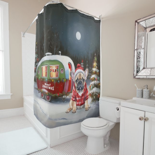 Winter French Bulldog Caravan Christmas Adventure  Shower Curtain (In Situ)