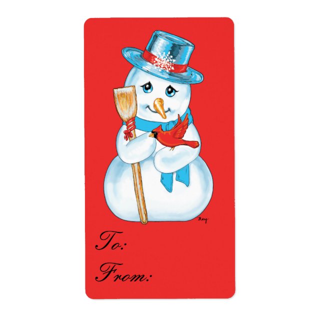 Winter Friends Adorable Snowman Cardinal Gift Tag (Front)