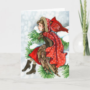 Winter Friends - Cardinal Bird Girl Greeting Card
