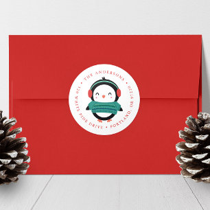 Winter Friends Penguin Holiday Return Address Classic Round Sticker