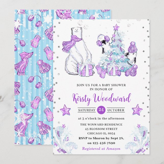 Winter Friends Polar Bear & Penguins Baby Shower Invitation (Front/Back)