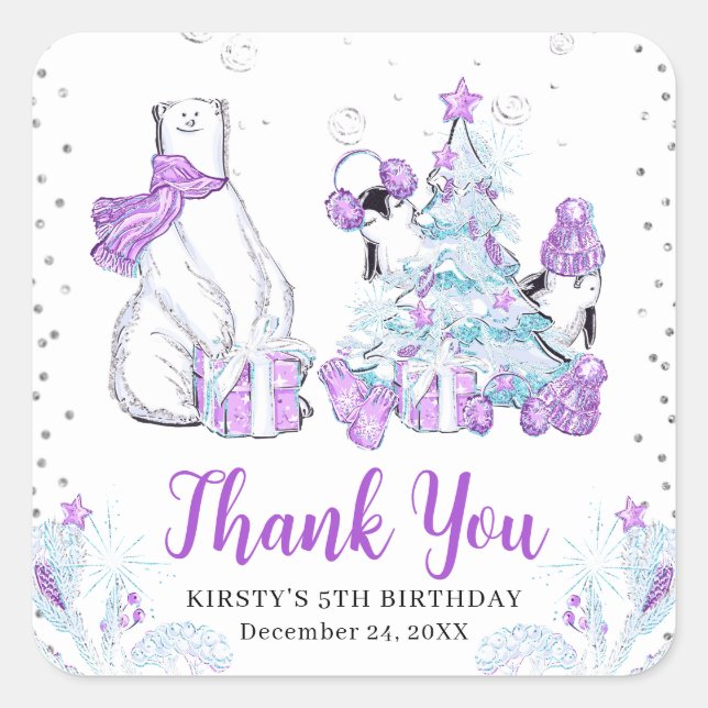 Winter Friends Polar Bear & Penguins Birthdayr Square Sticker (Front)