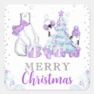 Winter Friends Polar Bear & Penguins Christmas Square Sticker