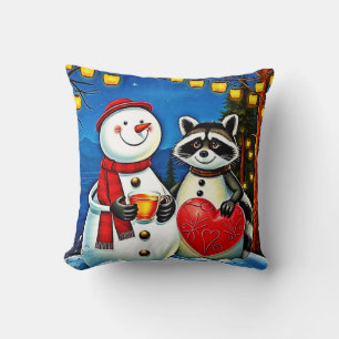 Winter Friends: Snowman & Raccoon Joy Design Cushion