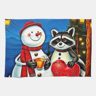 Winter Friends: Snowman & Raccoon Joy Design  Tea Towel