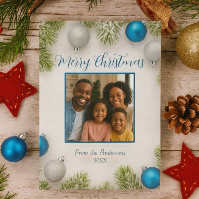 Winter Frost Elegance Blue & Silver Ornaments Holiday Card (Creator Uploaded)