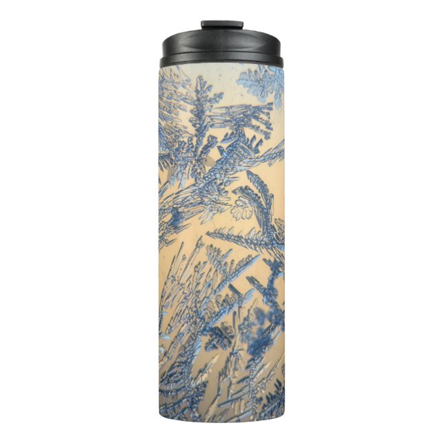 Winter frost on glass blue gold ice crystal  thermal tumbler (Front)