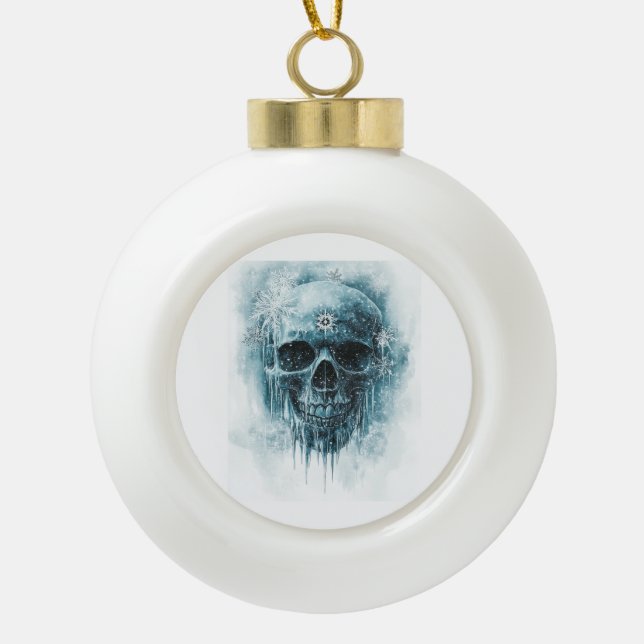 Winter Frost Skull Ceramic Ball Christmas Ornament (Front)