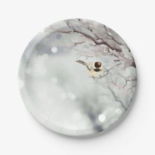 Winter Frosty Tree Chickadee Bird art Paper Plate