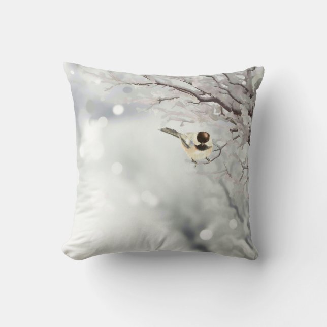 Winter Frosty Tree Chickadee Bird Cushion (Front)