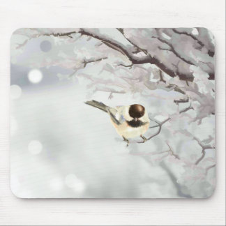 Winter Frosty Tree Chickadee Bird Custom Name Mouse Mat
