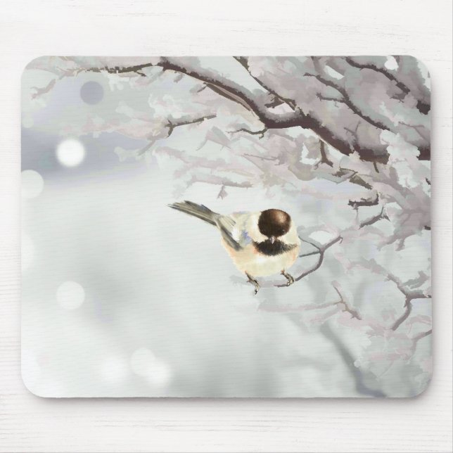 Winter Frosty Tree Chickadee Bird Custom Name Mouse Mat (Front)