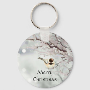 Winter Frosty Tree Chickadee Bird  Key Ring
