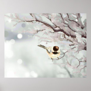 Winter Frosty Tree Chickadee Bird  Poster